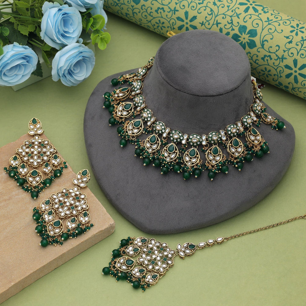 Green Color Meena Work Kundan Necklace Set Festive Ethnic Wear