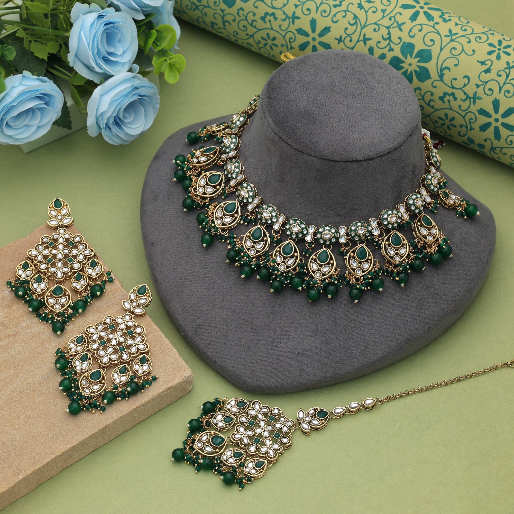 Green Color Meena Work Kundan Necklace Set Festive Ethnic Wear