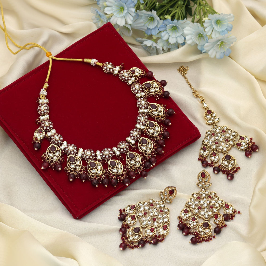 Maroon Color Meena Work Kundan Necklace Set Bridal Design