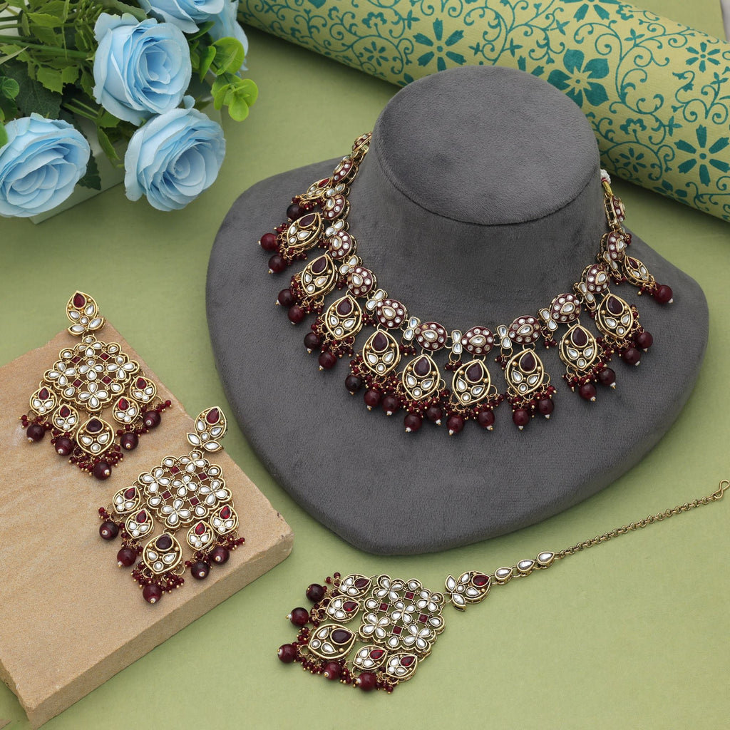 Maroon Color Meena Work Kundan Necklace Set Bridal Design