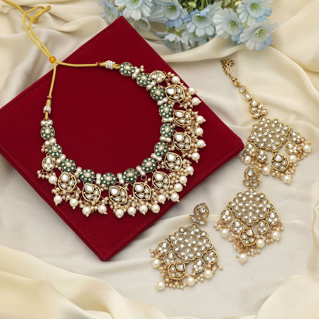 White Color Meena Work Kundan Necklace Set Traditional Artwork