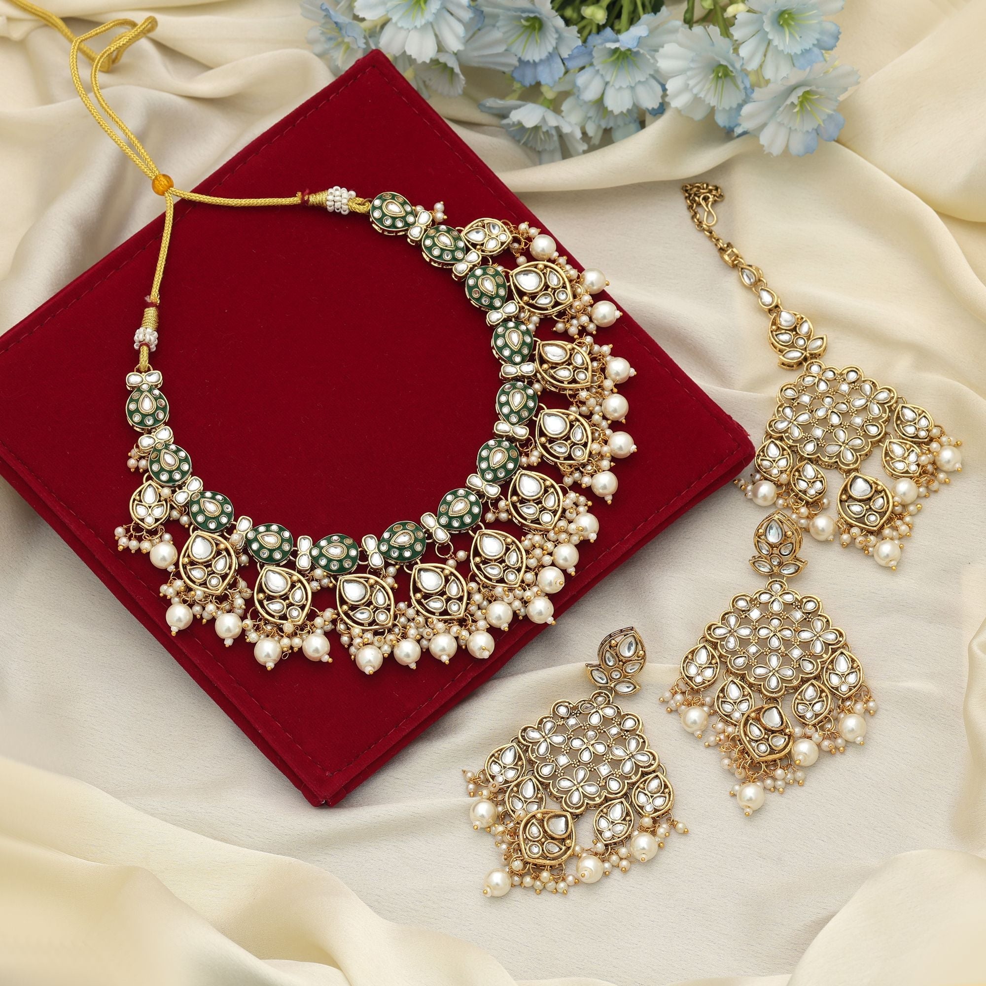 White Color Meena Work Kundan Necklace Set Traditional Artwork