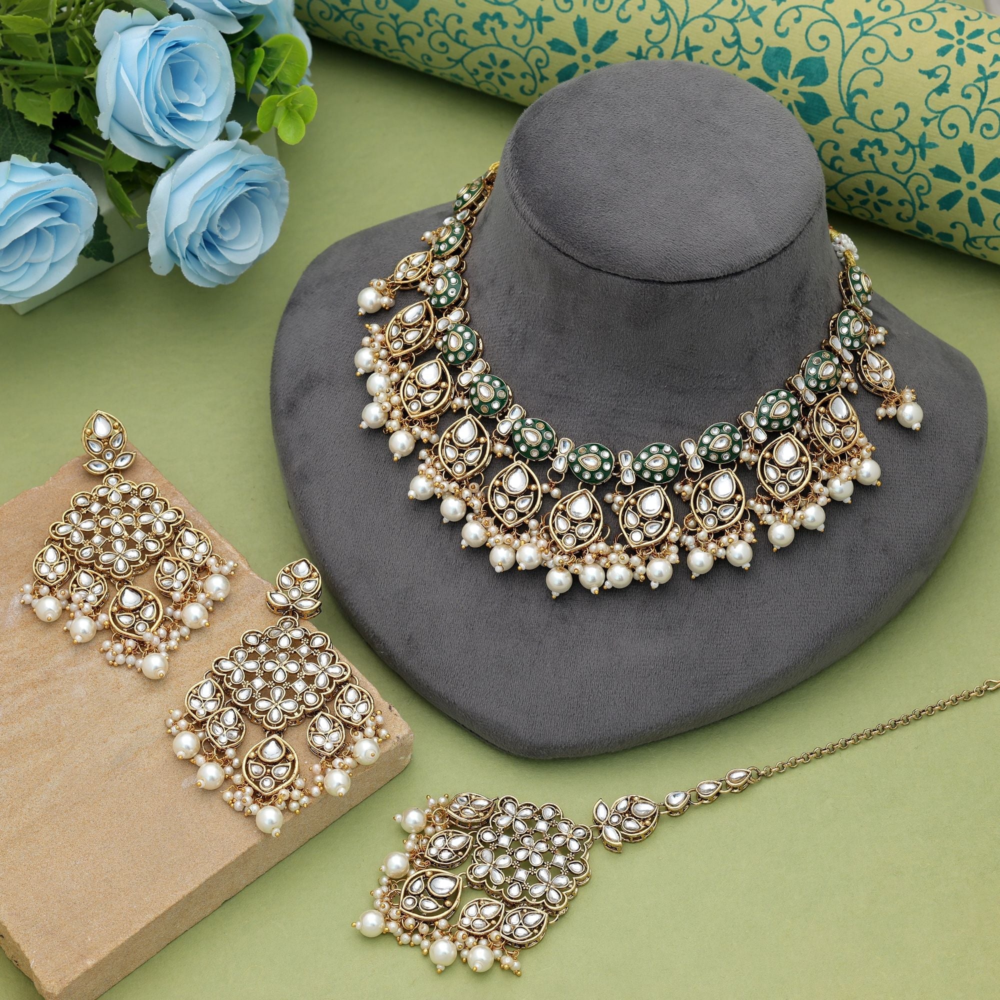 White Color Meena Work Kundan Necklace Set Traditional Artwork