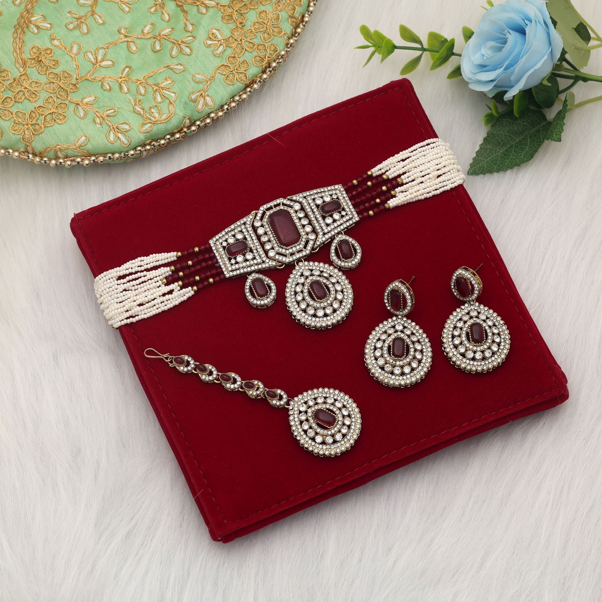 Maroon Color Choker Kundan Necklace Set