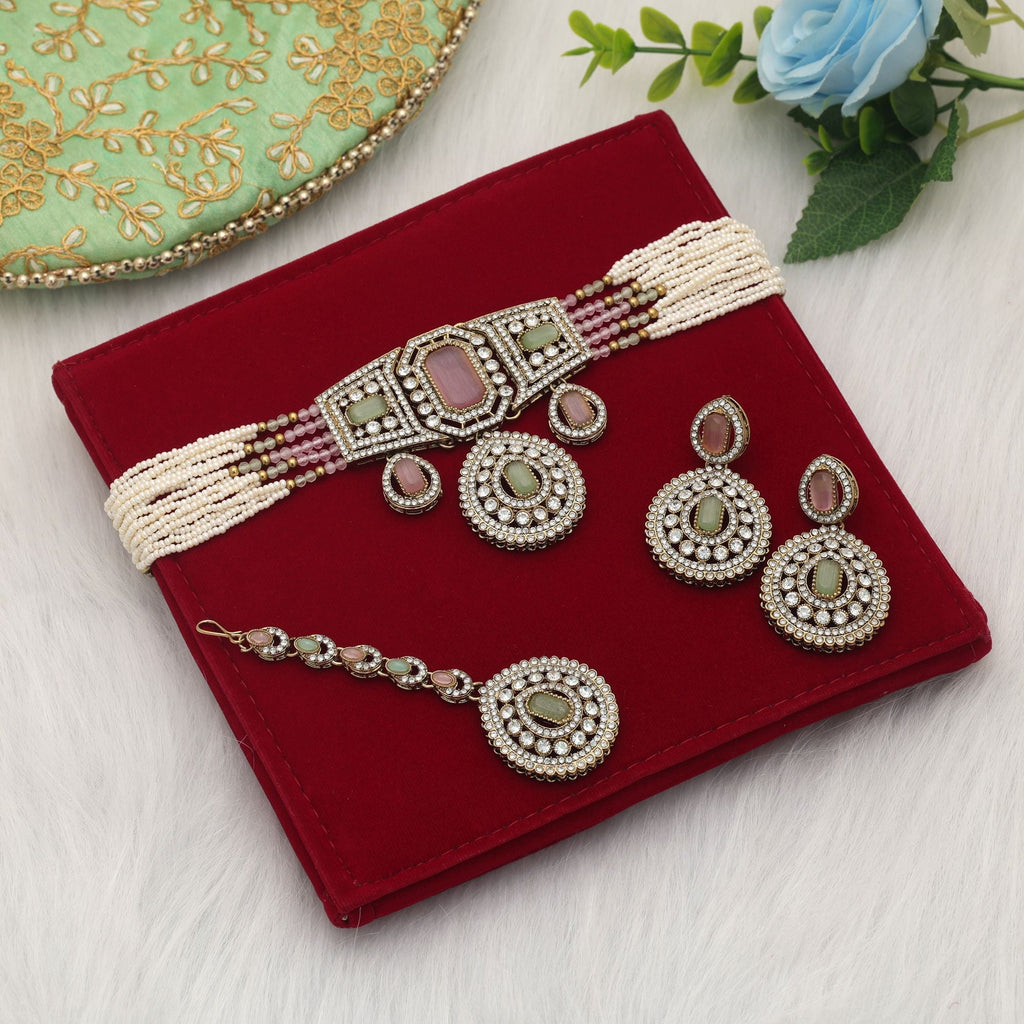 Pink & Pista Green Color Choker Kundan Necklace Set