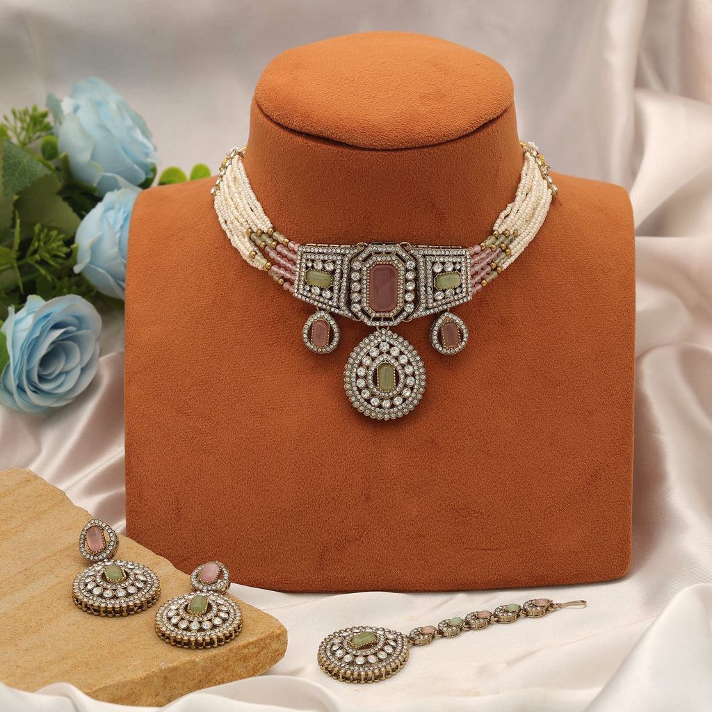 Pink & Pista Green Color Choker Kundan Necklace Set