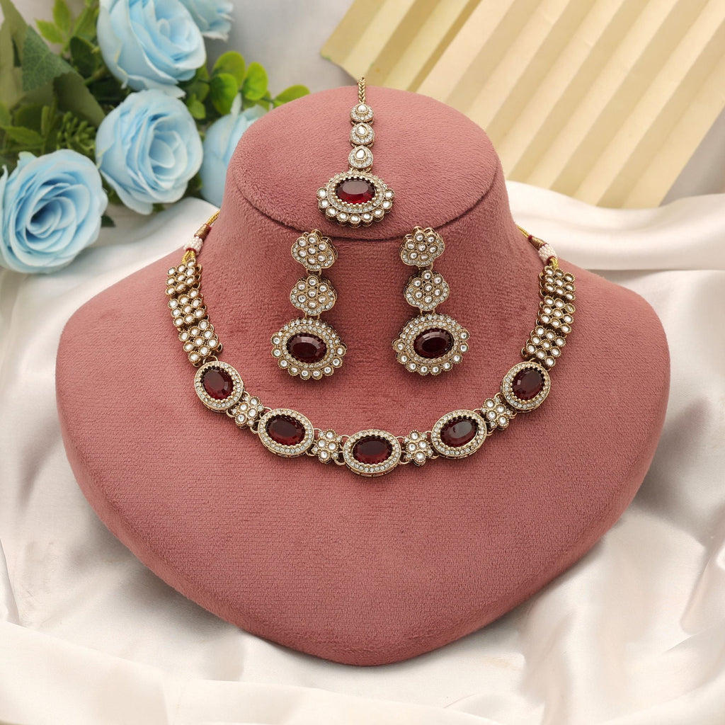 Maroon Color Kundan Necklace Set