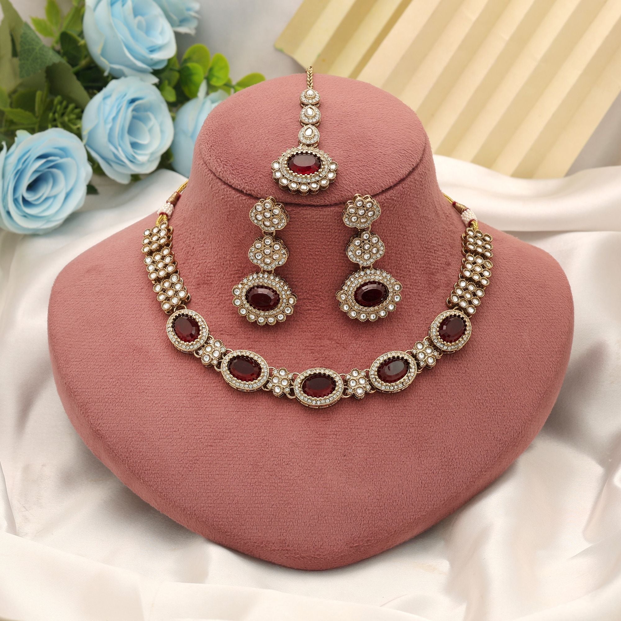 Maroon Color Kundan Necklace Set