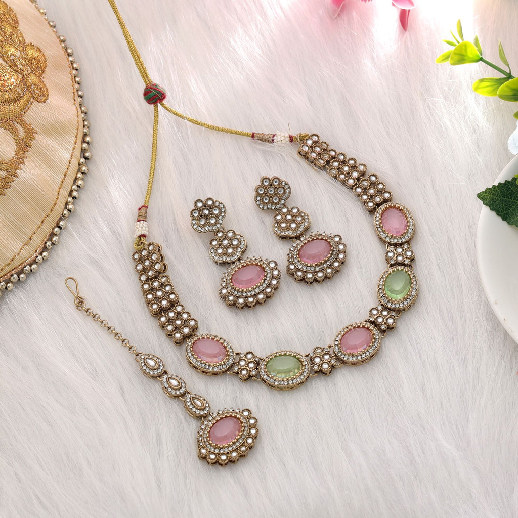 Pista Green & Pink Color Kundan Necklace Set