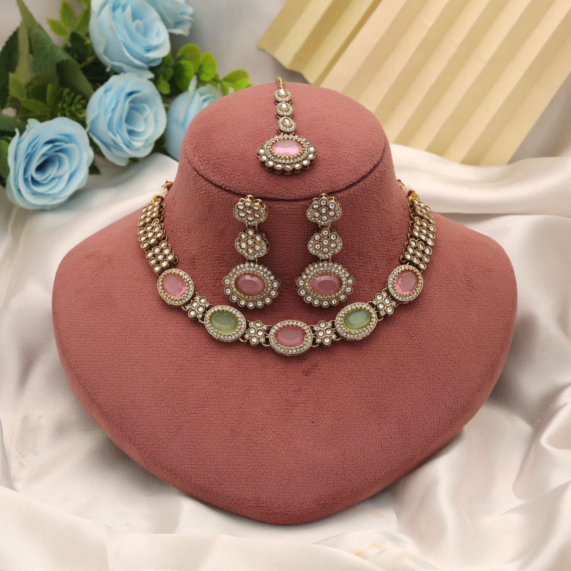 Pista Green & Pink Color Kundan Necklace Set