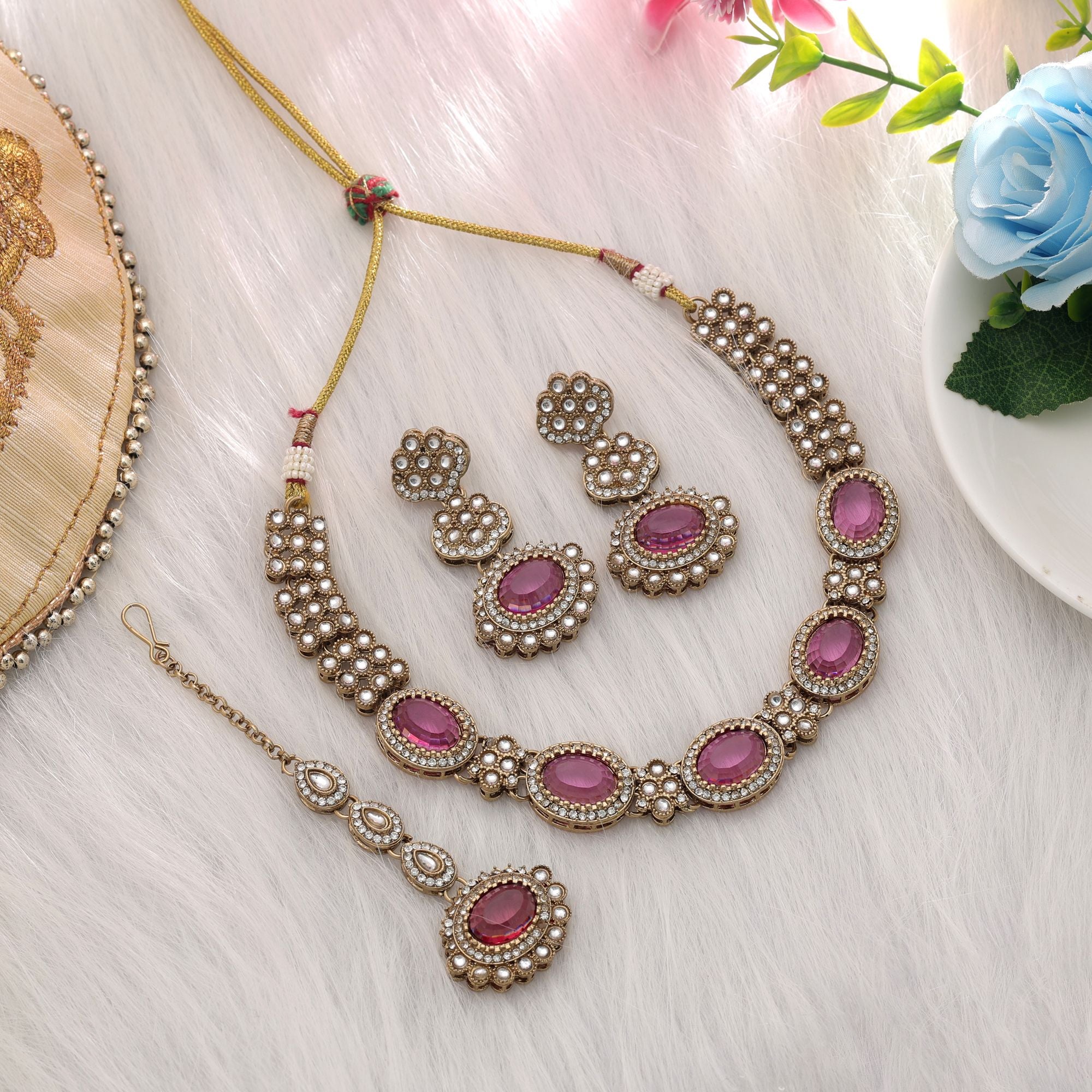 Rani Color Kundan Necklace Set