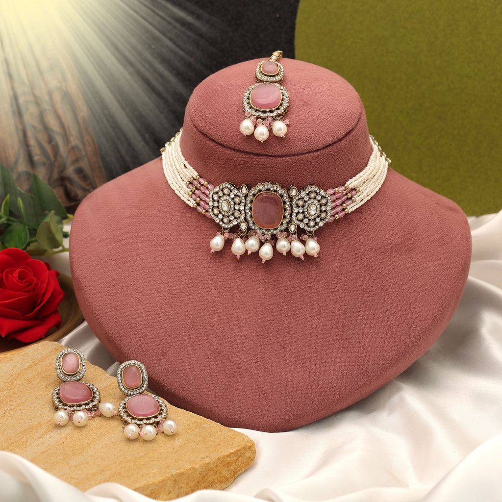 Light Pink Color Choker Kundan Necklace Set