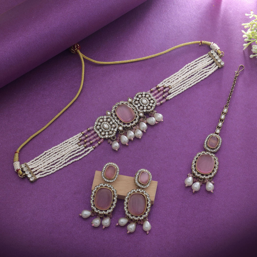 Light Pink Color Choker Kundan Necklace Set