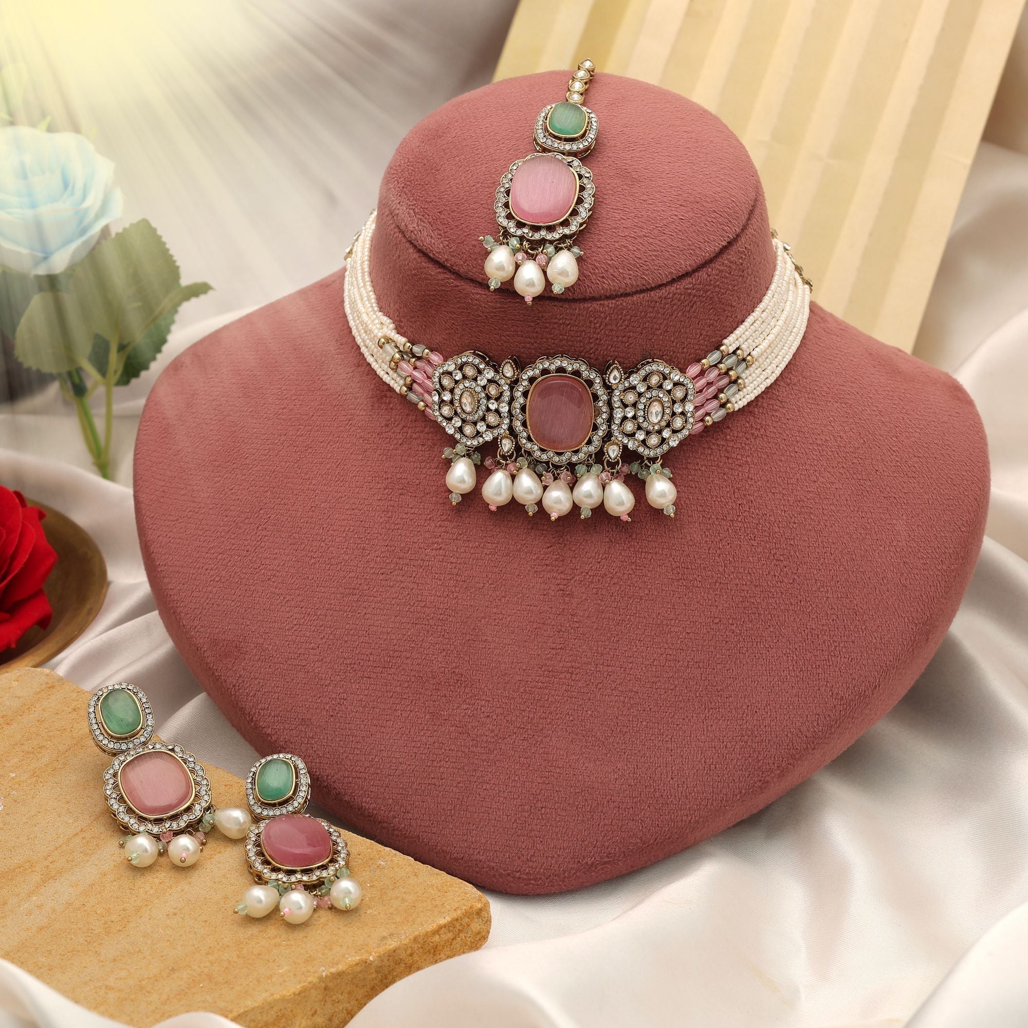Pista Green & Pink Color Choker Kundan Necklace Set