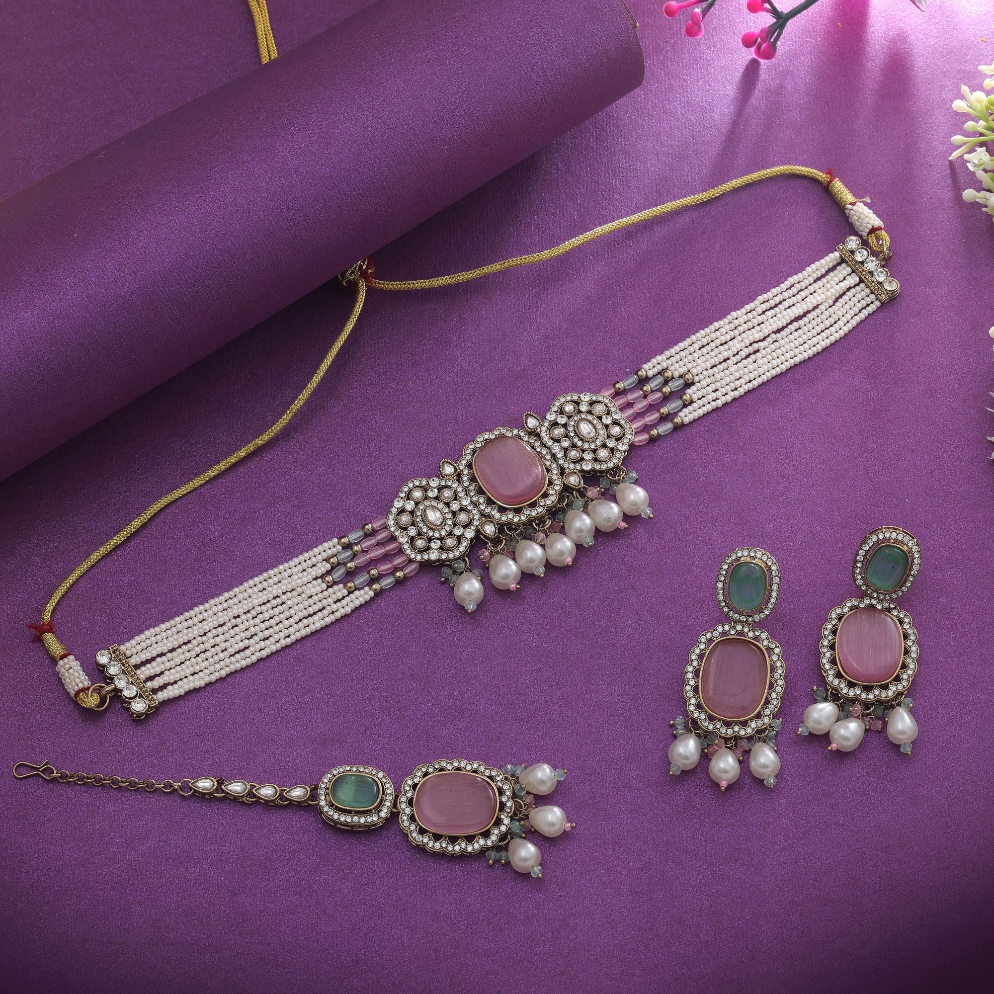 Pista Green & Pink Color Choker Kundan Necklace Set
