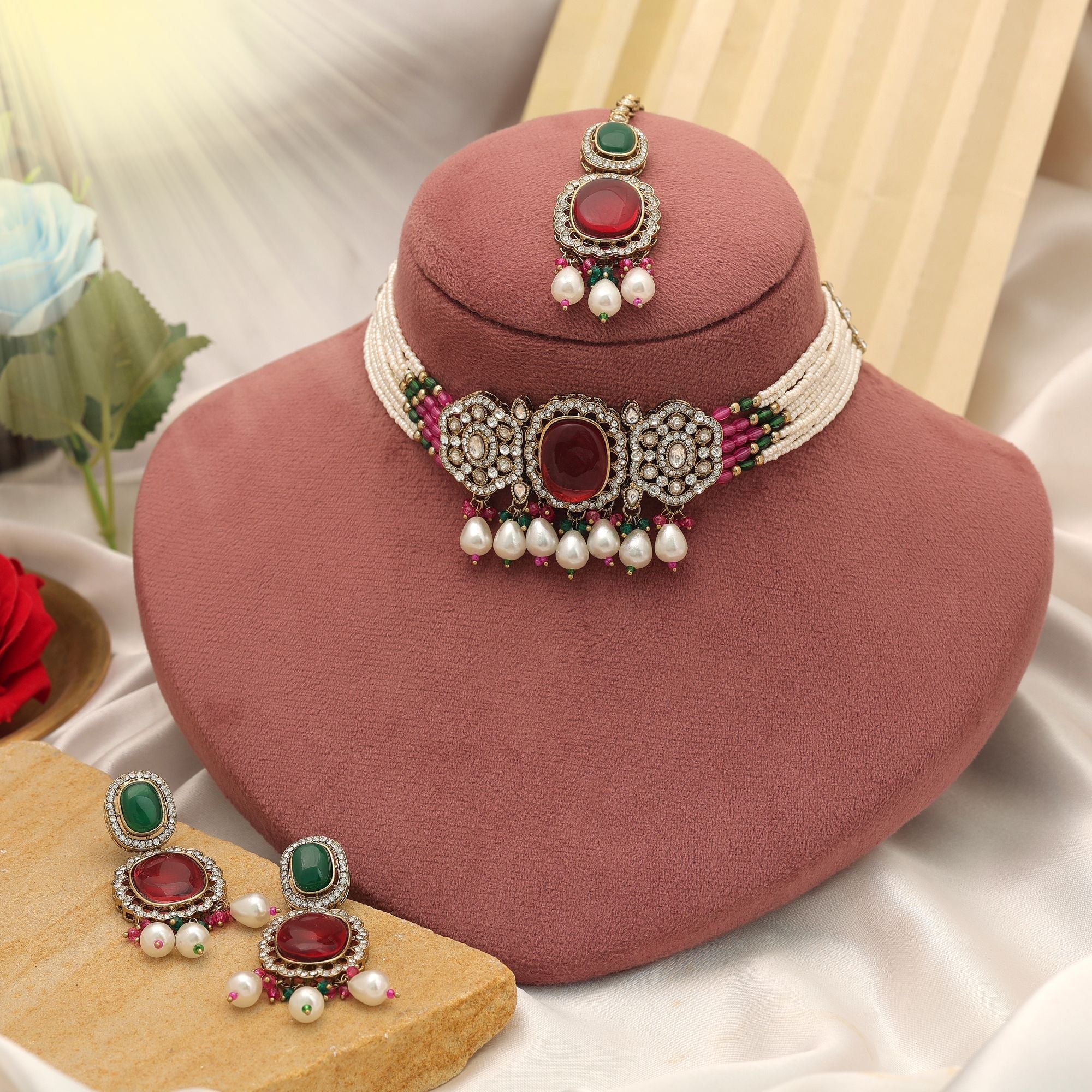 Rani & Green Color Choker Kundan Necklace Set