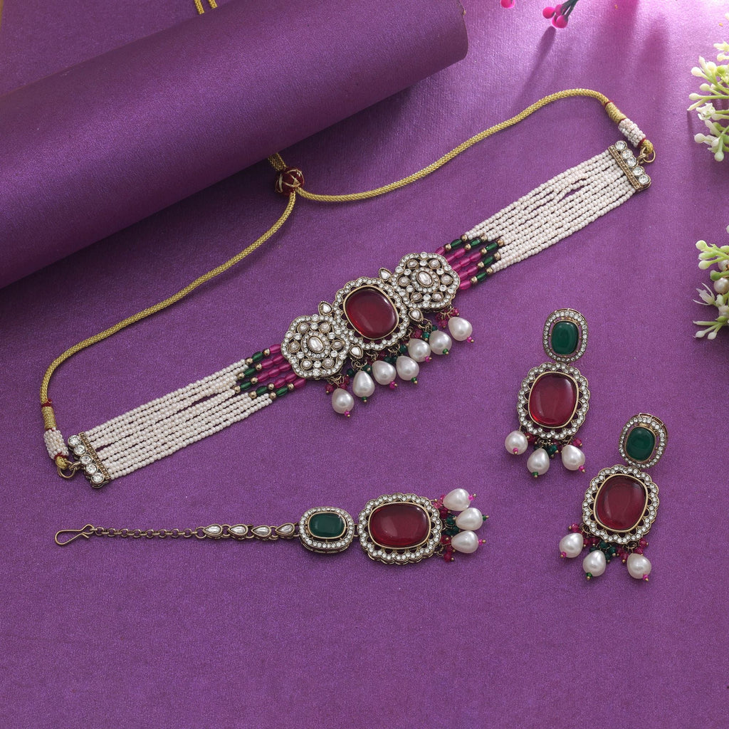 Rani & Green Color Choker Kundan Necklace Set