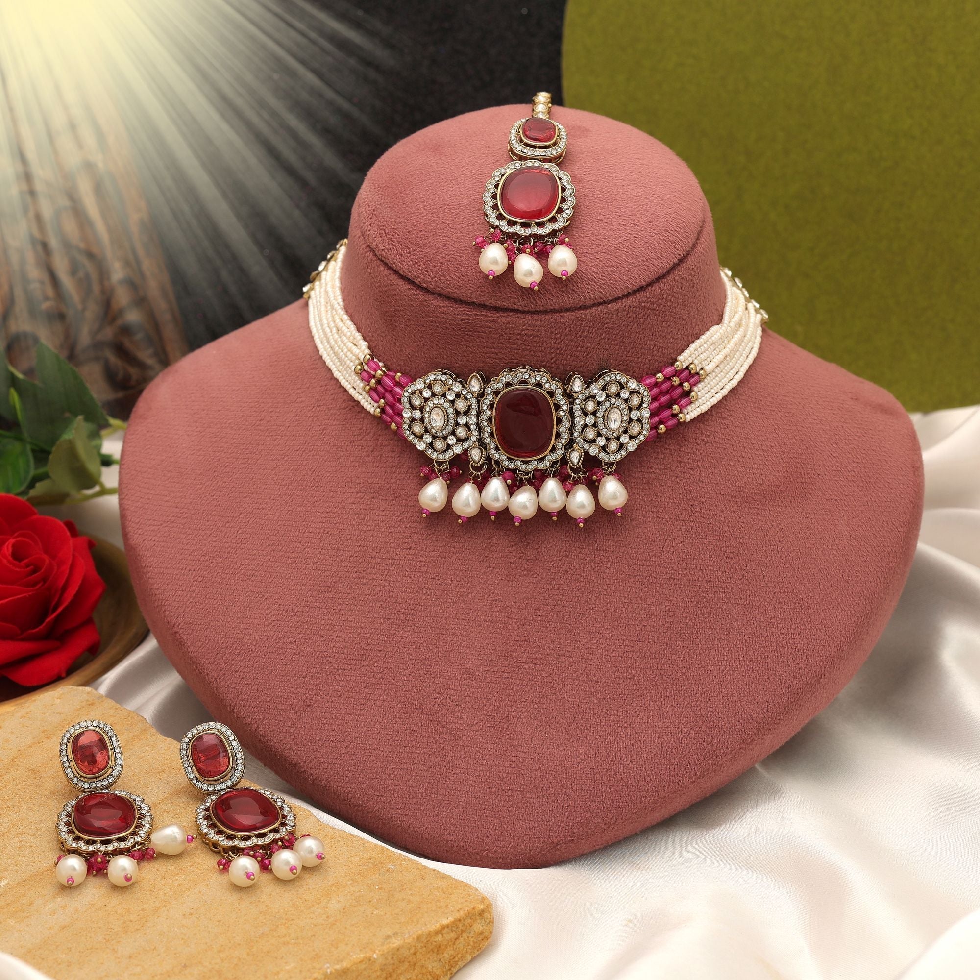 Rani Color Choker Kundan Necklace Set