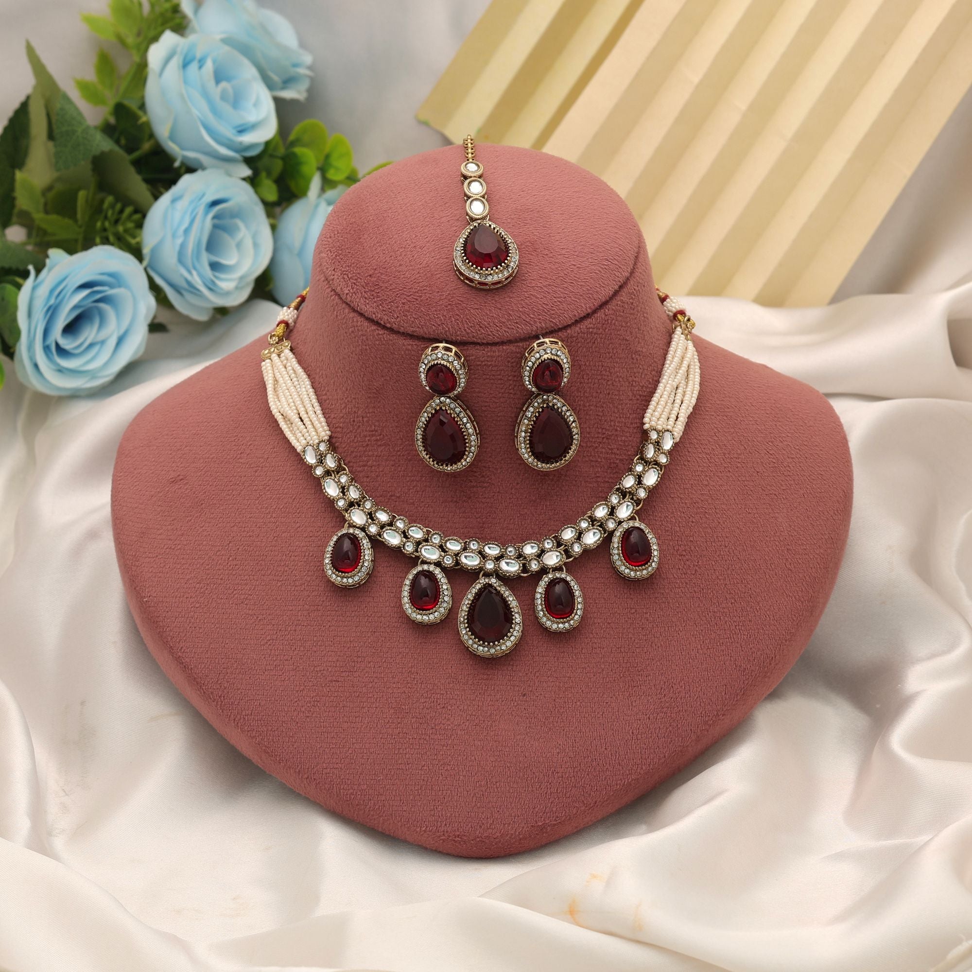 Maroon Color Kundan Necklace Set