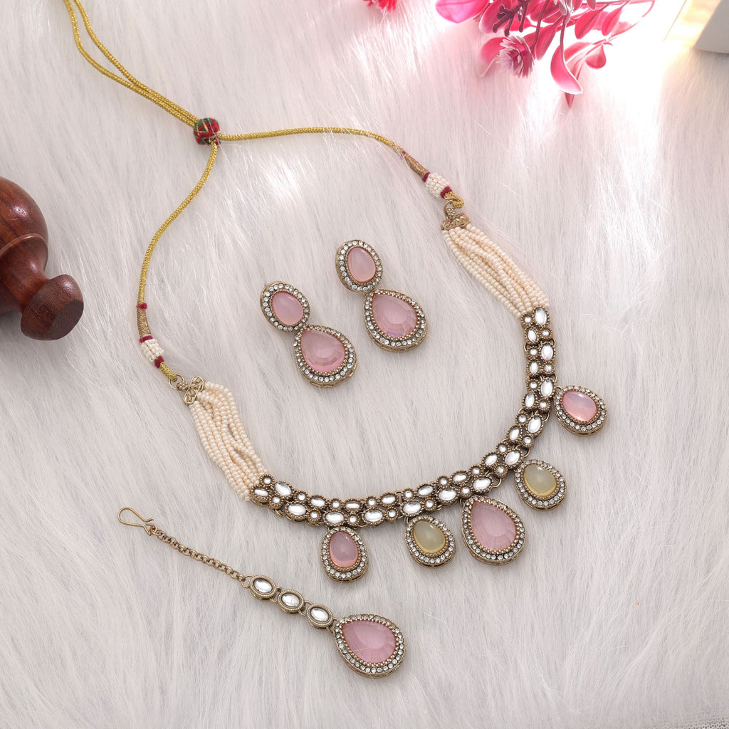 Pista Green & Pink Color Kundan Necklace Set