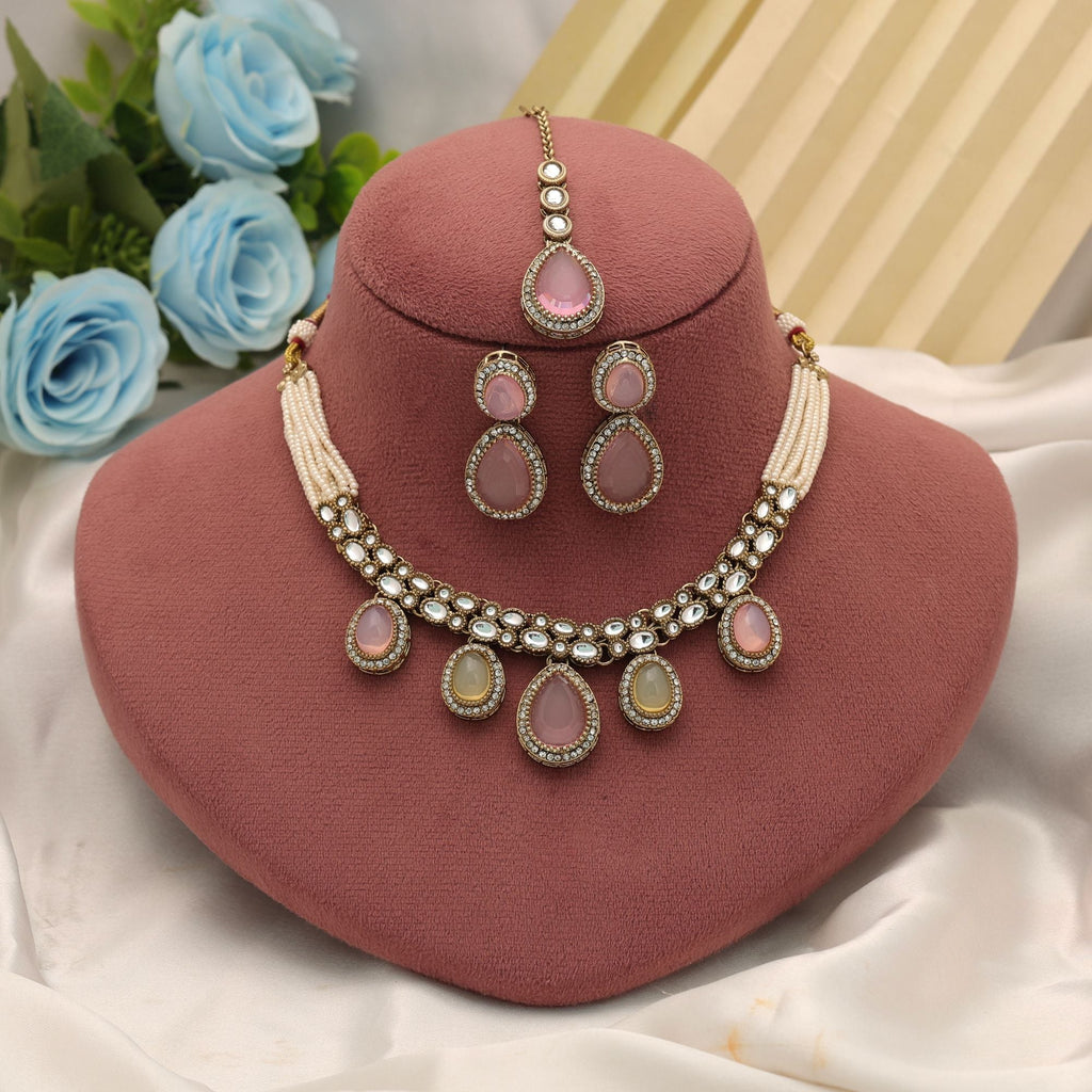 Pista Green & Pink Color Kundan Necklace Set