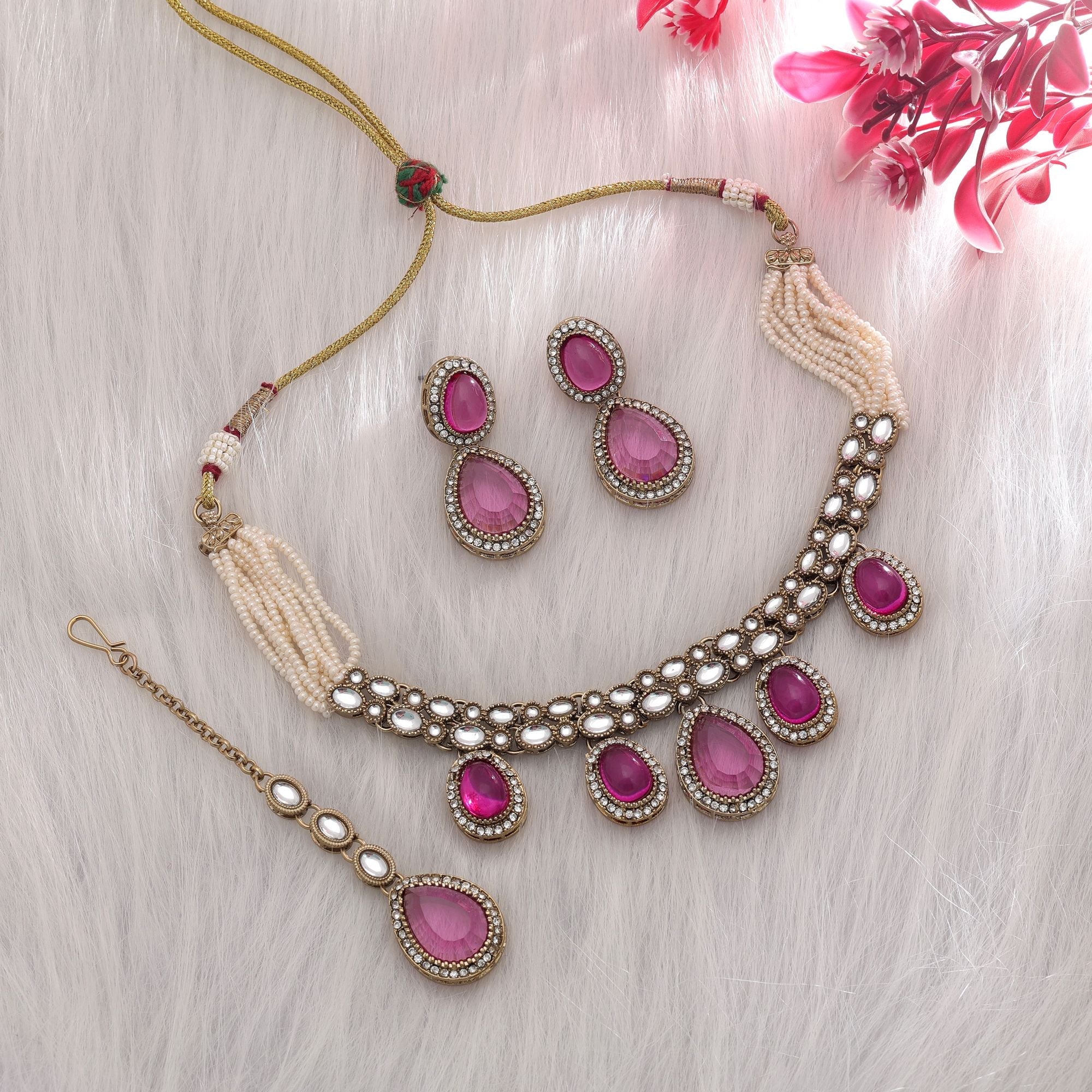 Rani Color Kundan Necklace Set