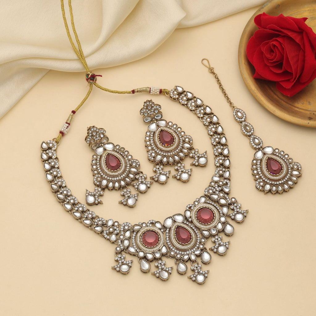Magenta Color Kundan Necklace Set