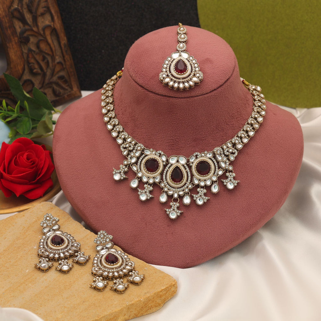 Maroon Color Kundan Necklace Set