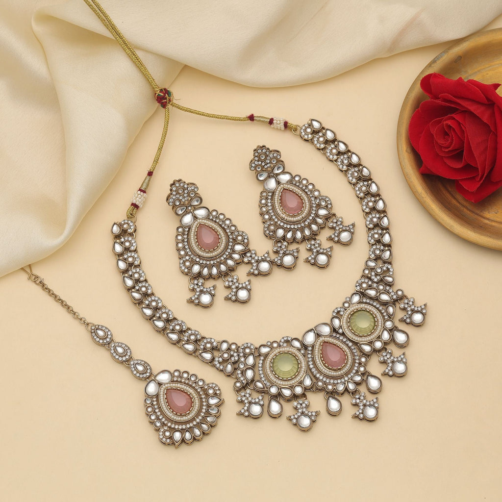 Pista Green & Pink Color Kundan Necklace Set
