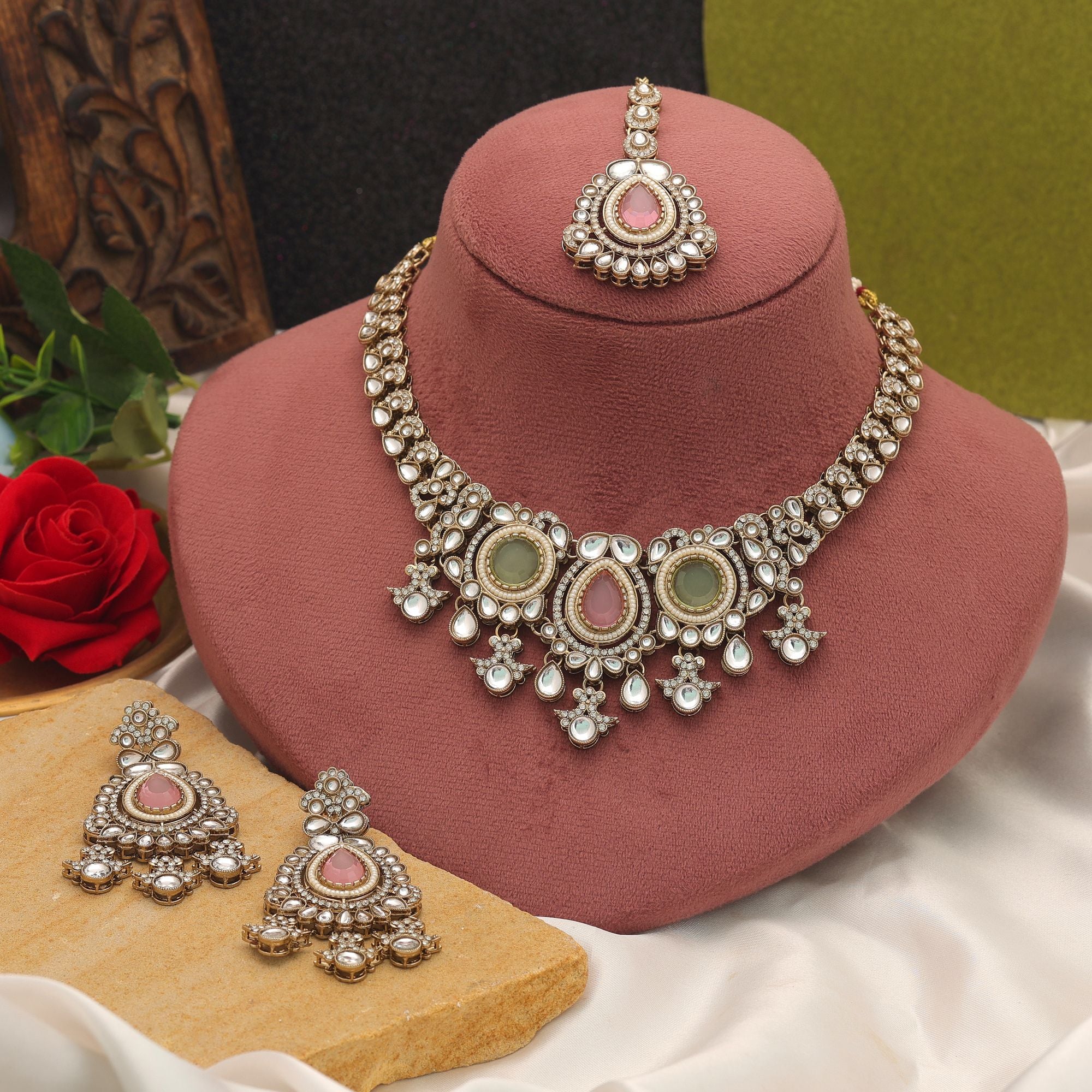 Pista Green & Pink Color Kundan Necklace Set