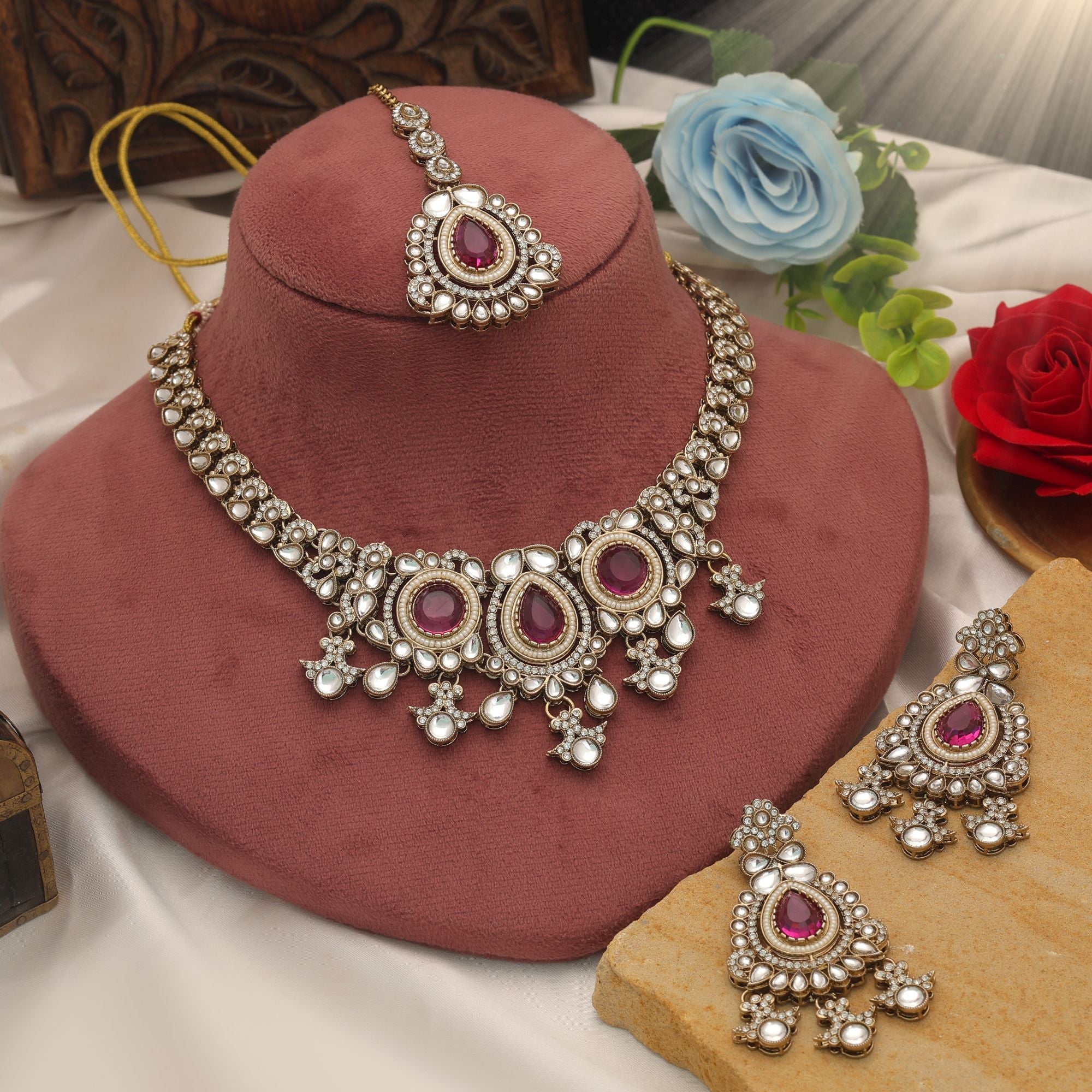 Rani Color Kundan Necklace Set