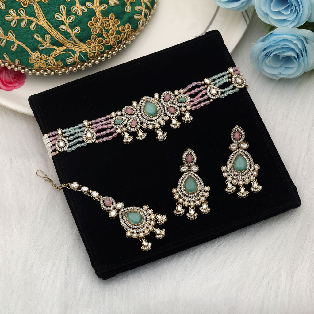 Light Green & Pink Color Choker Kundan Necklace Set