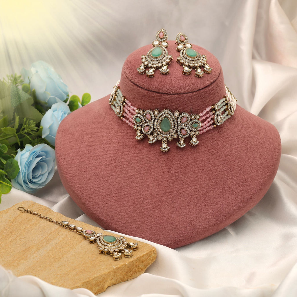 Light Green & Pink Color Choker Kundan Necklace Set