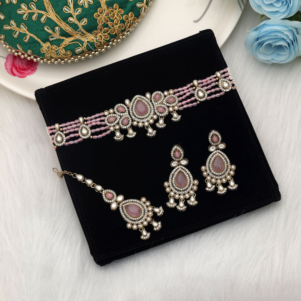 Light Pink Color Choker Kundan Necklace Set