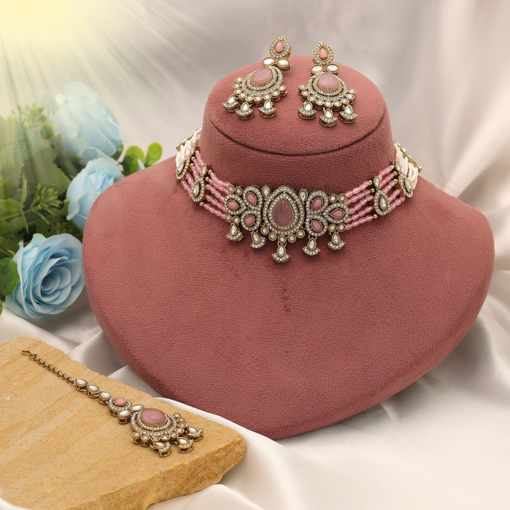 Light Pink Color Choker Kundan Necklace Set