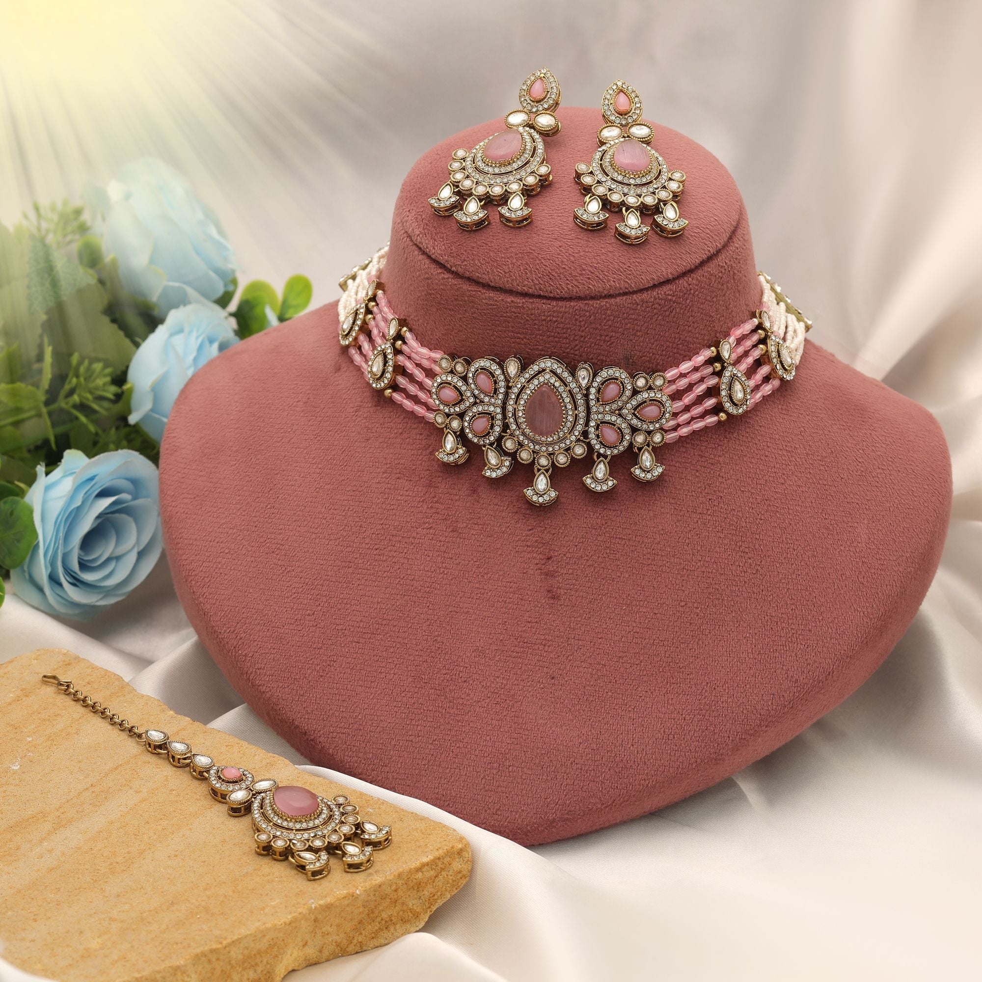 Light Pink Color Choker Kundan Necklace Set