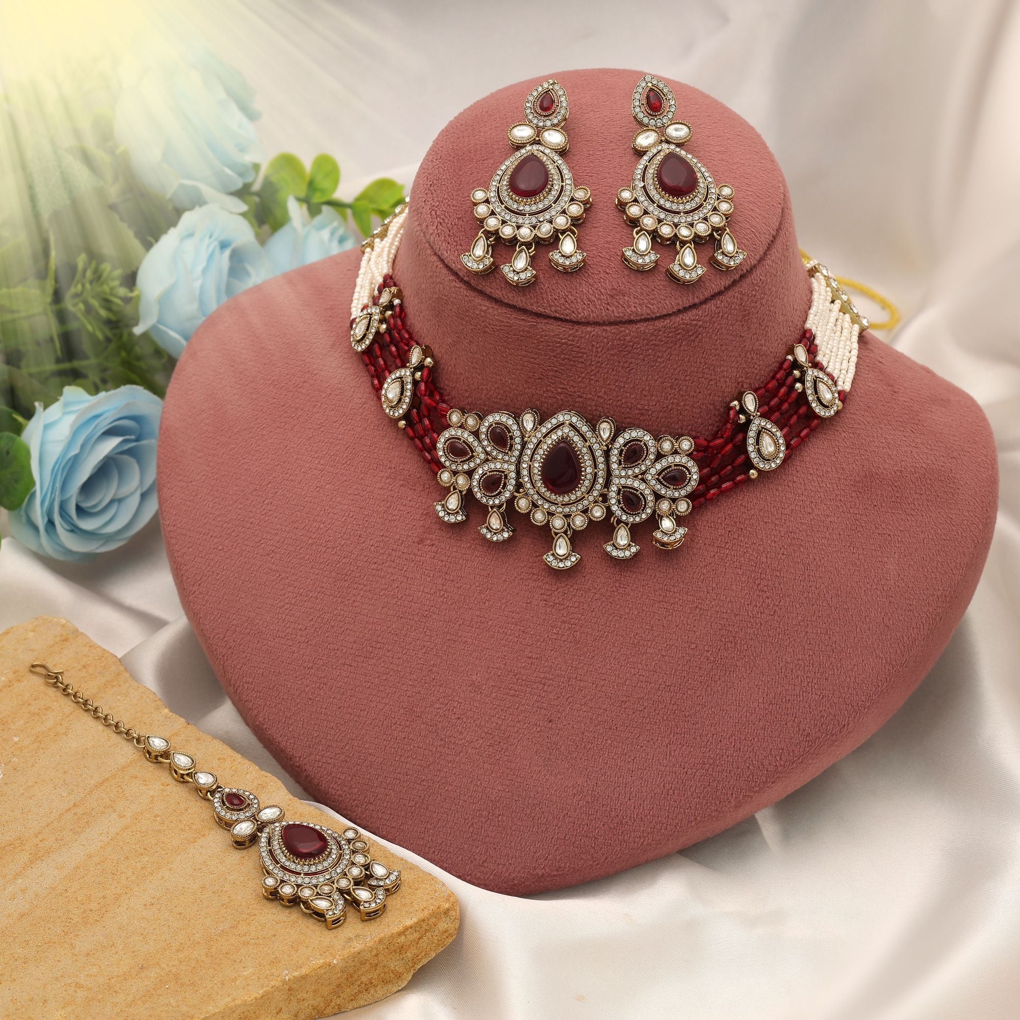 Maroon Color Choker Kundan Necklace Set