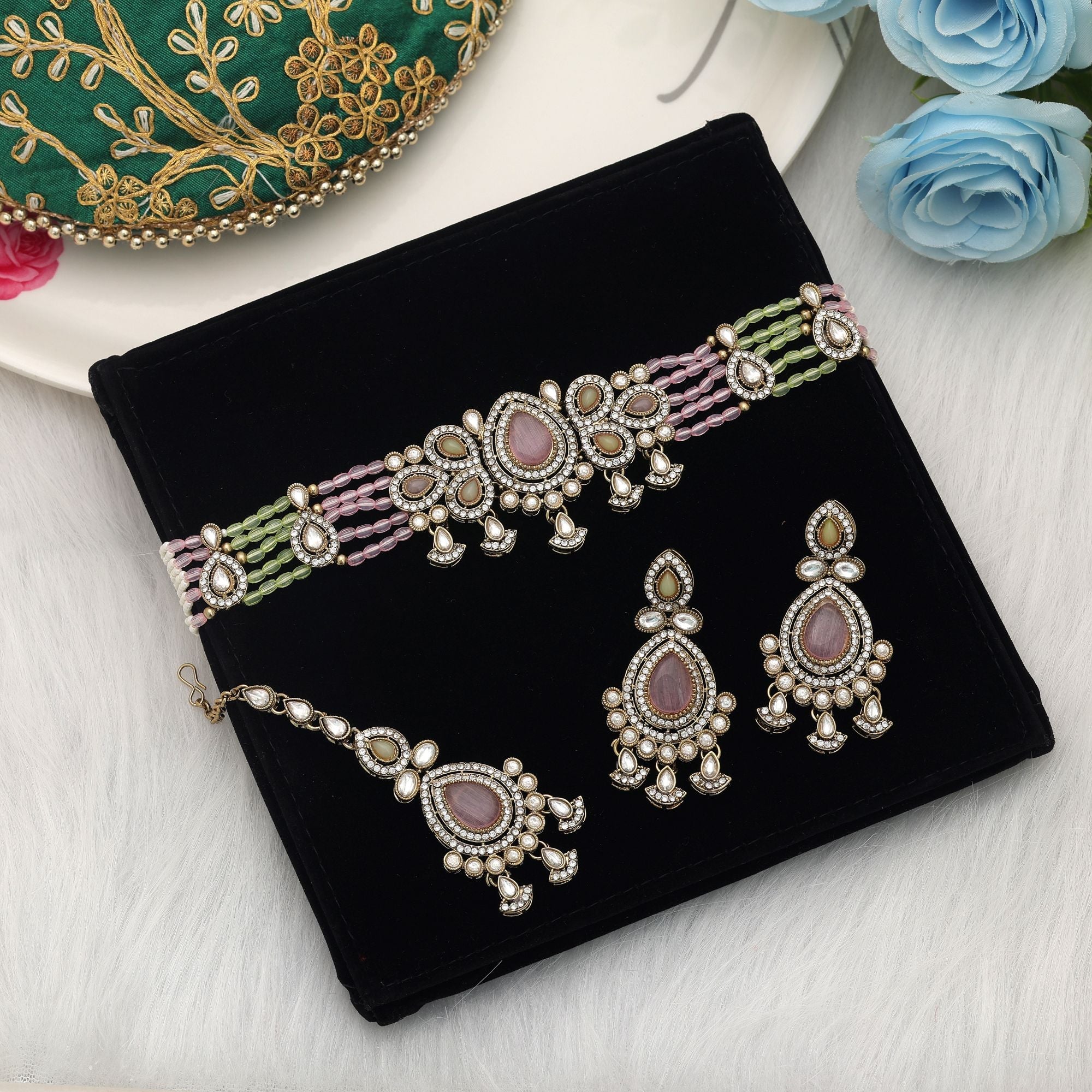 Pista Green & Pink Color Choker Kundan Necklace Set