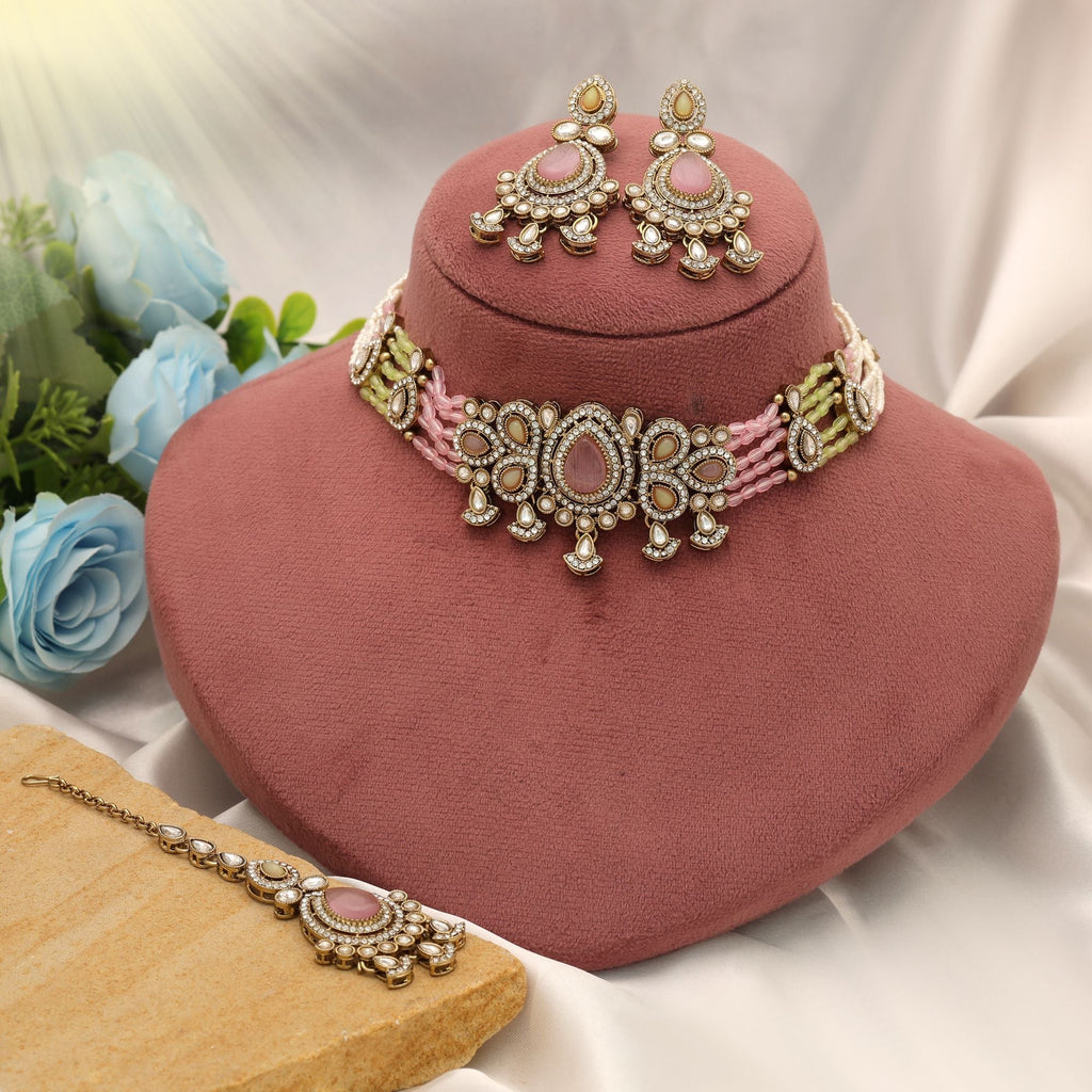 Pista Green & Pink Color Choker Kundan Necklace Set