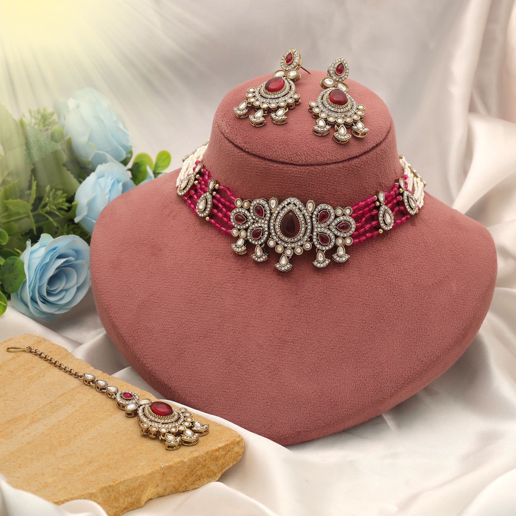 Rani Color Choker Kundan Necklace Set