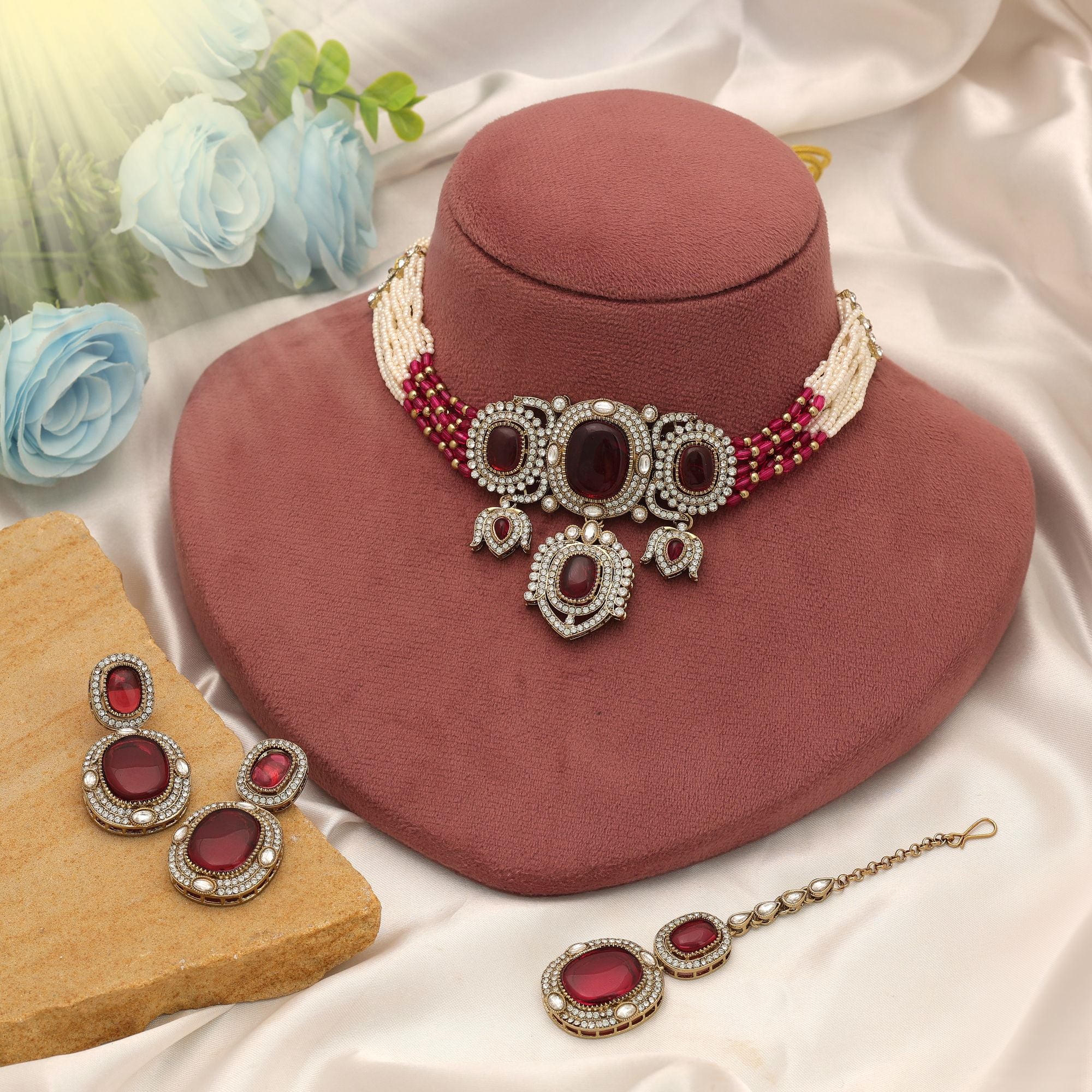 Maroon Color Choker Kundan Necklace Set