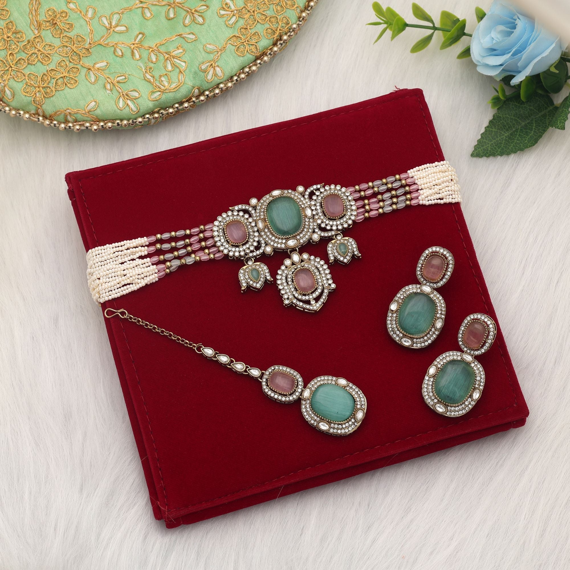 Pista Green & Pink Color Choker Kundan Necklace Set