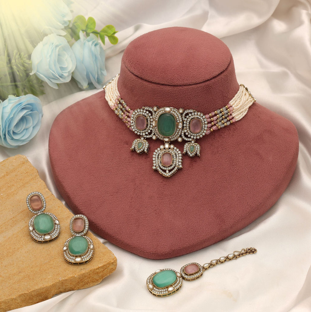 Pista Green & Pink Color Choker Kundan Necklace Set