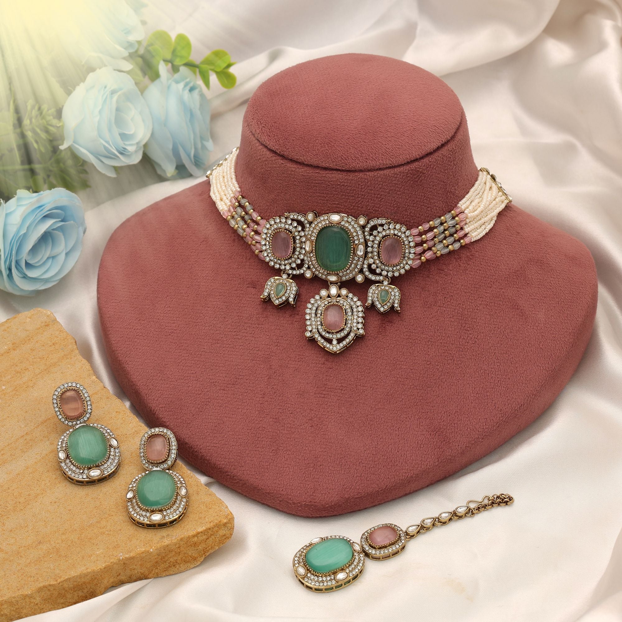 Pista Green & Pink Color Choker Kundan Necklace Set