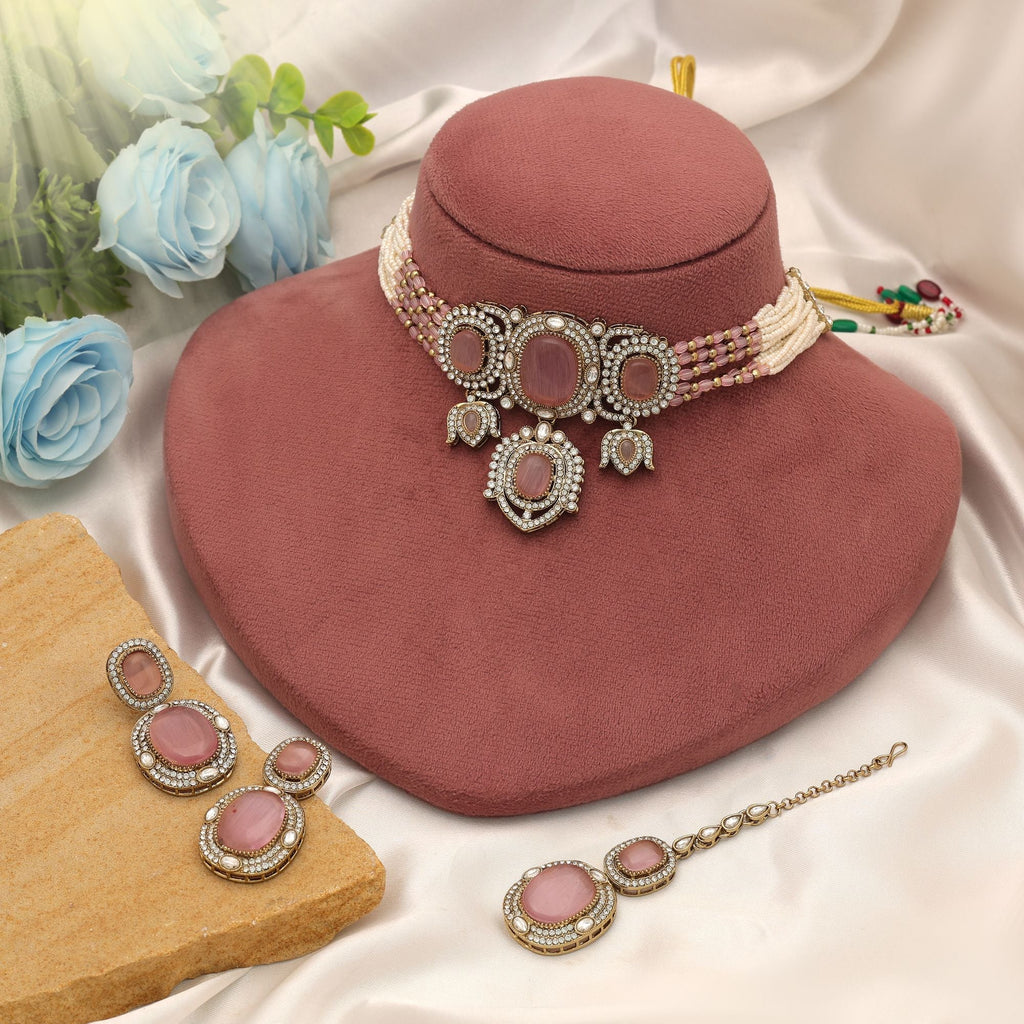 Light Pink Color Choker Kundan Necklace Set