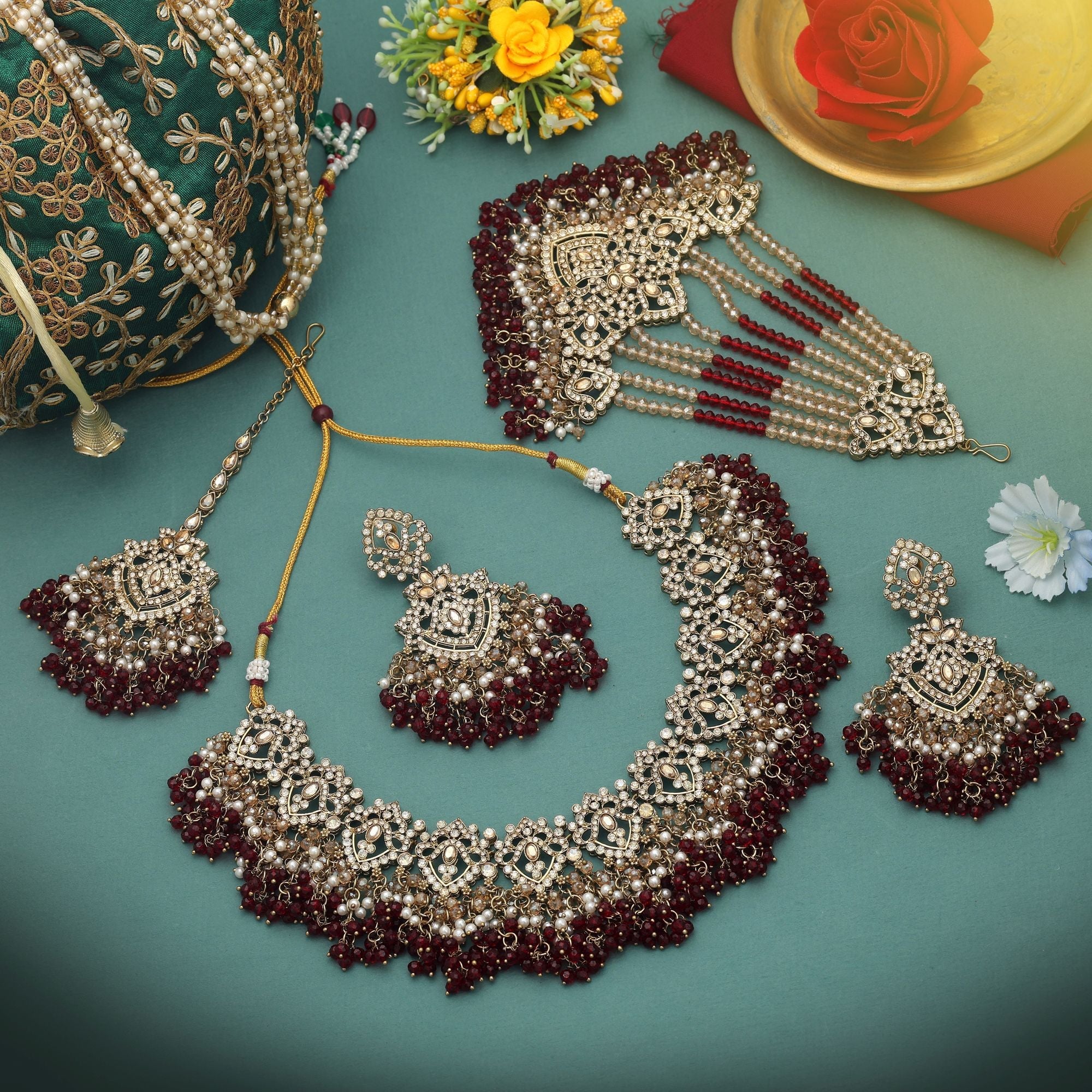 Maroon Color Kundan Necklace Set