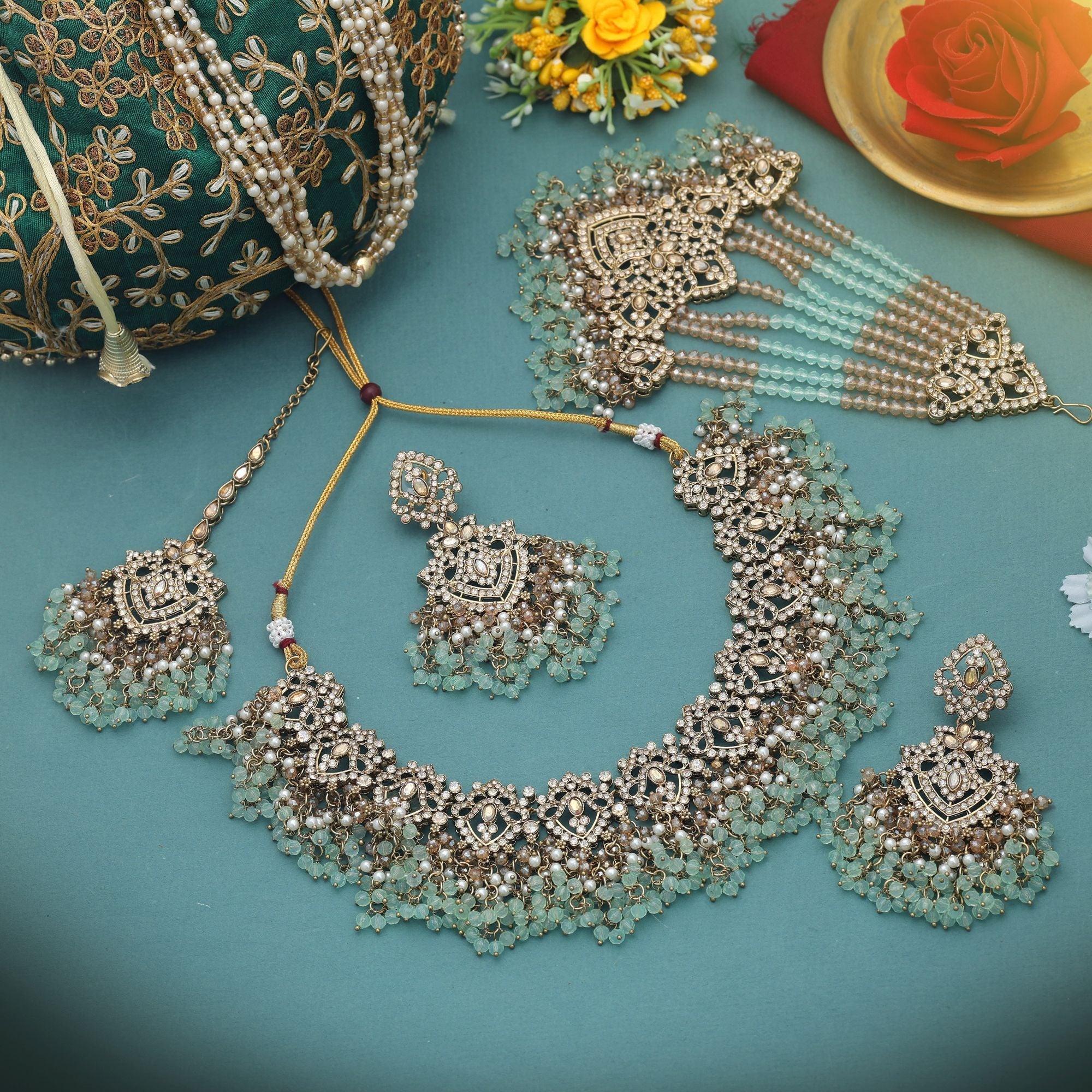 Pista Green Color Kundan Necklace Set