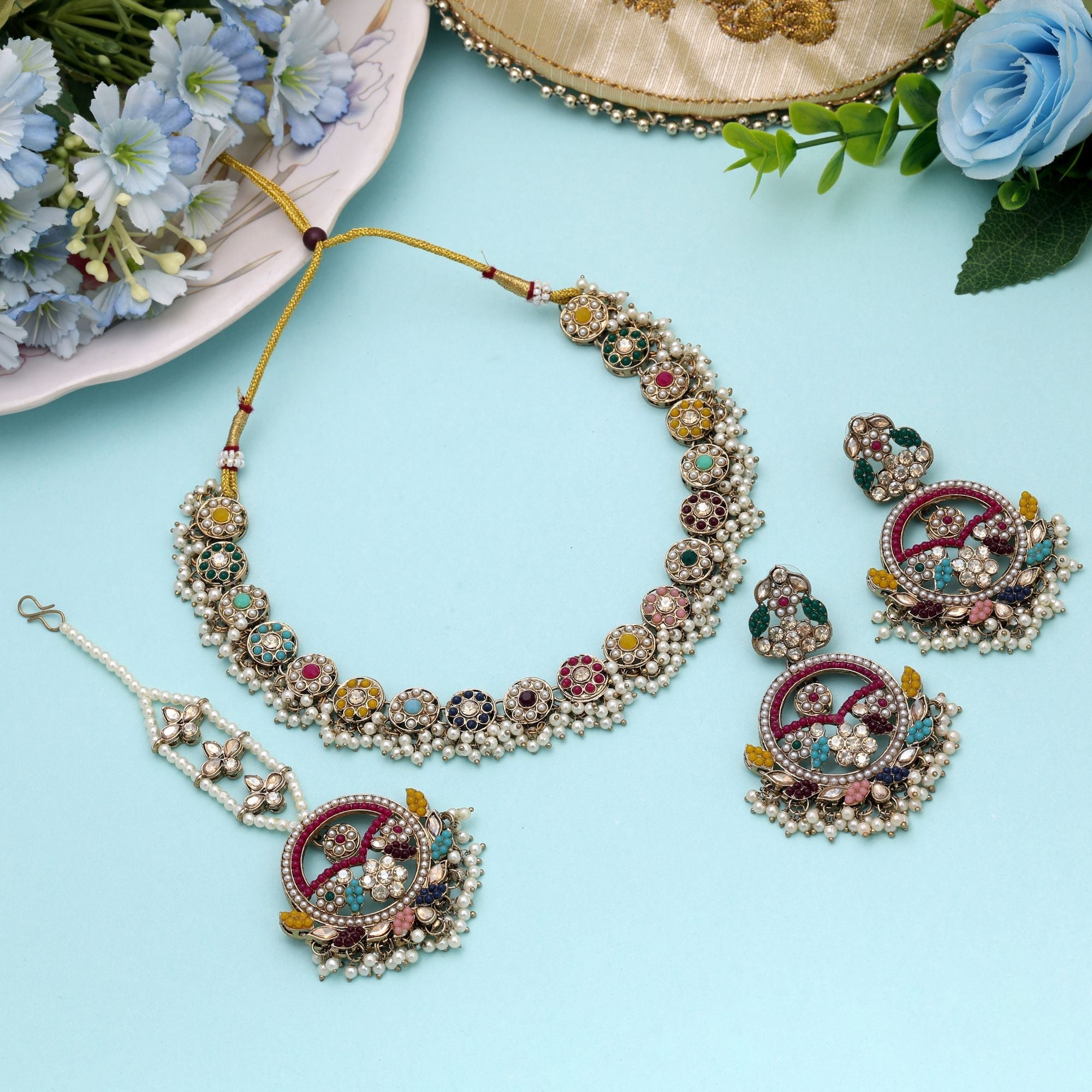 Multi Color Ethnic Kundan Necklace Set