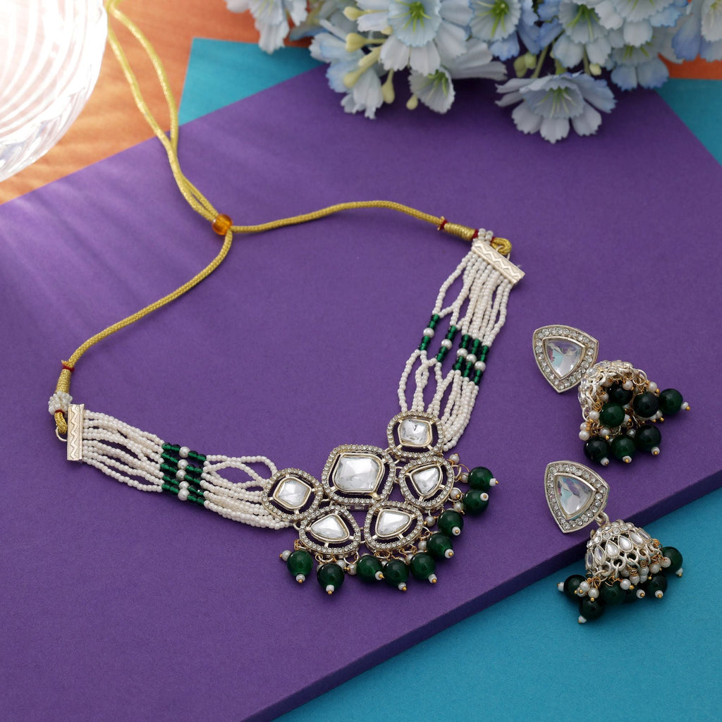 Green Color Antique Choker Kundan Necklace Set