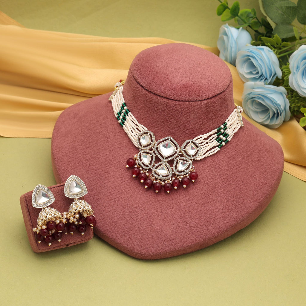 Maroon Color Bridal Choker Kundan Necklace Set